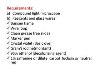 Requirements:
a) Compound light microscope
b) Reagents and glass wares
Bunsen flame
Wire loop
Clean grease free slides
Marker pen
Crystal violet (Basic dye)
Gram’s iodine(mordant)
95% ethanol (decolorizing agent)
1% safranine or dilute carbol fuchsin or neutral
red
 