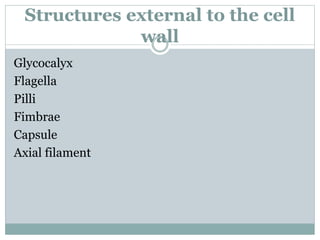 Structures external to the cell
wall
Glycocalyx
Flagella
Pilli
Fimbrae
Capsule
Axial filament
 