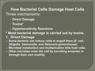 How Bacterial Cells Damage Host Cells
Three mechanisms:
• Direct Damage
• Toxins*
• Hypersensitivity Reactions
* Most bacterial damage is carried out by toxins.
1. Direct Damage
 Some bacteria can induce cells to engulf them (E. coli,
Shigella, Salmonella, and Neisseria gonorrhoeae).
 Microbial metabolism and multiplication kills host cells.
 Other microbes enter the cell by excreting enzymes or
through their own motility.
 
