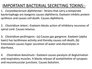 IMPORTANT BACTERIAL SECRETING TOXINS:-
1. Corynebacterium diphtheriae:- Strains that carry a temperate
bacteriophage are toxigenic causes diphtheria. Exotoxin inhibits protein
synthesis and causes cell death. Causes diphtheria.
2. Clostridium tetani.:-Exotoxin blocks action of inhibitory neurones of
spinal cord. Causes tetanus.
3. Clostridium perfringens:- (a) Causes gas gangrene. Exotoxin (alpha
toxin) has lacithinase activity and thereby causes cell death, (b)
Enterotoxin causes hyper secretion of water and electrolytes in
diarrhoea.
4. Clostridium botulinum:- Exotoxin causes paralysis of deglutination
and respiratory muscles. It blocks release of acetylcholine of synapses
and neuromuscular junctions. Causes botulism.
 