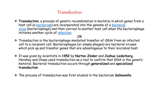 Bacterial transduction (Bacterial genetic recombination) | PPTX