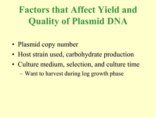 Factors that Affect Yield and
    Quality of Plasmid DNA

• Plasmid copy number
• Host strain used, carbohydrate production
• Culture medium, selection, and culture time
  – Want to harvest during log growth phase
 