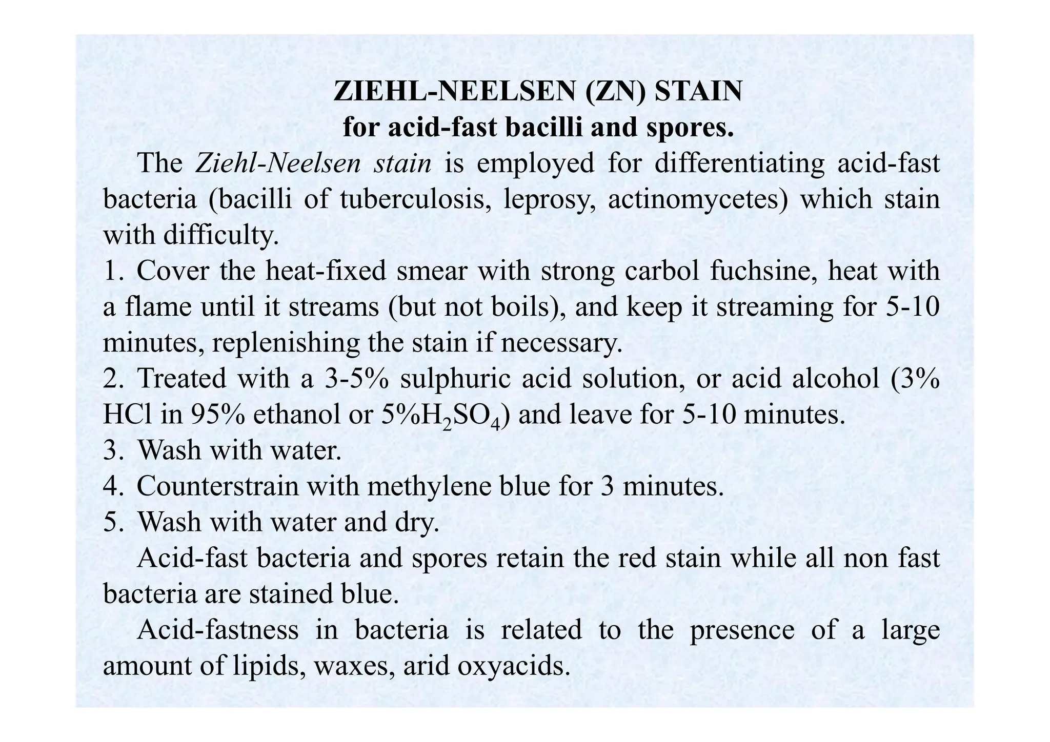 ZIEHL-NEELSEN (ZN) STAIN
for acid-fast bacilli and spores.
The Ziehl-Neelsen stain is employed for differentiating acid-fast
bacteria (bacilli of tuberculosis, leprosy, actinomycetes) which stain
with difficulty.
1. Cover the heat-fixed smear with strong carbol fuchsine, heat with
a flame until it streams (but not boils), and keep it streaming for 5-10
minutes, replenishing the stain if necessary.
2. Treated with a 3-5% sulphuric acid solution, or acid alcohol (3%
HCl in 95% ethanol or 5%H2SO4) and leave for 5-10 minutes.
3. Wash with water.
4. Counterstrain with methylene blue for 3 minutes.
5. Wash with water and dry.
Acid-fast bacteria and spores retain the red stain while all non fast
bacteria are stained blue.
Acid-fastness in bacteria is related to the presence of a large
amount of lipids, waxes, arid oxyacids.
 