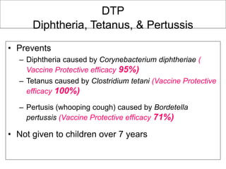 DTP
Diphtheria, Tetanus, & Pertussis
• Prevents
– Diphtheria caused by Corynebacterium diphtheriae (
Vaccine Protective efficacy 95%)
– Tetanus caused by Clostridium tetani (Vaccine Protective
efficacy 100%)
– Pertusis (whooping cough) caused by Bordetella
pertussis (Vaccine Protective efficacy 71%)
• Not given to children over 7 years
 