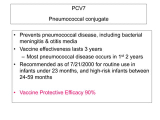 PCV7
Pneumococcal conjugate
• Prevents pneumococcal disease, including bacterial
meningitis & otitis media
• Vaccine effectiveness lasts 3 years
– Most pneumococcal disease occurs in 1st 2 years
• Recommended as of 7/21/2000 for routine use in
infants under 23 months, and high-risk infants between
24-59 months
• Vaccine Protective Efficacy 90%
 