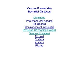 Vaccine Preventable
Bacterial Diseases
Diphtheria
Pneumococcal disease
Hib disease
Meningococcal meningitis
Pertussis (Whooping Cough)
Tetanus (Lockjaw)
Typhoid
Cholera
Anthrax
Plague
 