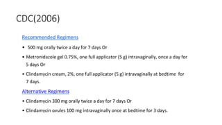CDC(2006)
Recommended Regimens
• 500 mg orally twice a day for 7 days Or
• Metronidazole gel 0.75%, one full applicator (5 g) intravaginally, once a day for
5 days Or
• Clindamycin cream, 2%, one full applicator (5 g) intravaginally at bedtime for
7 days.
Alternative Regimens
• Clindamycin 300 mg orally twice a day for 7 days Or
• Clindamycin ovules 100 mg intravaginally once at bedtime for 3 days.
 