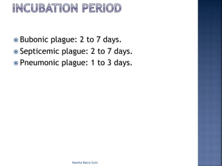ž Bubonic plague: 2 to 7 days.
ž Septicemic plague: 2 to 7 days.
ž Pneumonic plague: 1 to 3 days.
Namita Batra Guin
 