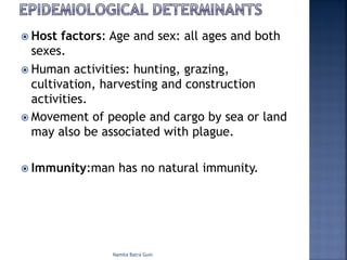 ž Host factors: Age and sex: all ages and both
sexes.
ž Human activities: hunting, grazing,
cultivation, harvesting and construction
activities.
ž Movement of people and cargo by sea or land
may also be associated with plague.
ž Immunity:man has no natural immunity.
Namita Batra Guin
 