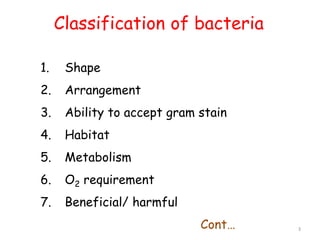 Classification of bacteria
1. Shape
2. Arrangement
3. Ability to accept gram stain
4. Habitat
5. Metabolism
6. O2 requirement
7. Beneficial/ harmful
Cont… 3
 
