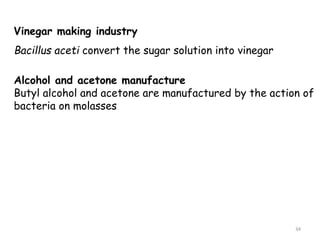 Vinegar making industry
Bacillus aceti convert the sugar solution into vinegar
34
Alcohol and acetone manufacture
Butyl alcohol and acetone are manufactured by the action of
bacteria on molasses
 