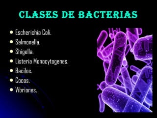 CLASES DE BACTERIAS Escherichia Coli. Salmonella. Shigella. Listeria Monocytogenes. Bacilos. Cocos. Vibriones. 
