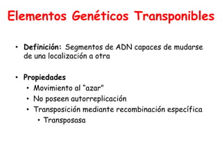 Elementos Genéticos Transponibles

 • Definición: Segmentos de ADN capaces de mudarse
   de una localización a otra

 • Propiedades
    • Movimiento al “azar”
    • No poseen autorreplicación
    • Transposición mediante recombinación específica
       • Transposasa
 