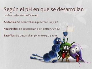 Según el pH en que se desarrollan
Las bacterias se clasifican en:

Acidófilas: Se desarrollan a pH entre 1.0 y 5.0

Neutrófilas: Se desarrollan a pH entre 5.5 y 8.5

Basófilas: Se desarrollan pH entre 9.0 y 10.0
 