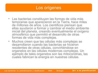 Los orígenes

    • Las bacterias constituyen las formas de vida más
      tempranas que aparecieron en la Tierra, hace miles
      de millones de años. Los científicos piensan que
      ellas ayudaron a formar y cambiar el medio ambiente
      inicial del planeta, creando eventualmente el oxígeno
      atmosférico que permitió el desarrollo de otras
      formas de vida más complejas.
    • Muchos creen que las células más complejas se
      desarrollaron cuando las bacterias se hicieron
      residentes de otras células, convirtiéndose en
      organelos en las células modernas complejas. Un
      ejemplo de tales organelos son las mitocondrias, las
      cuales fabrican la energía en nuestras células.



Las bacterias: su caracterización y clasificación   NM4   Biología
 