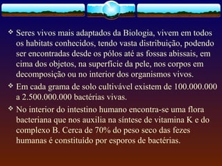  Seres vivos mais adaptados da Biologia, vivem em todos
os habitats conhecidos, tendo vasta distribuição, podendo
ser encontradas desde os pólos até as fossas abissais, em
cima dos objetos, na superfície da pele, nos corpos em
decomposição ou no interior dos organismos vivos.
 Em cada grama de solo cultivável existem de 100.000.000
a 2.500.000.000 bactérias vivas.
 No interior do intestino humano encontra-se uma flora
bacteriana que nos auxilia na síntese de vitamina K e do
complexo B. Cerca de 70% do peso seco das fezes
humanas é constituído por esporos de bactérias.
 