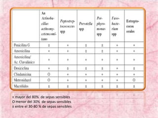 + mayor del 80% de sepas sensibles
O menor del 30% de sepas sensibles
± entre el 30-80 % de sepas sensibles
 