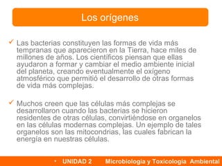 Las bacterias: su caracterización y clasificación NM4 Biología
 Las bacterias constituyen las formas de vida más
tempranas que aparecieron en la Tierra, hace miles de
millones de años. Los científicos piensan que ellas
ayudaron a formar y cambiar el medio ambiente inicial
del planeta, creando eventualmente el oxígeno
atmosférico que permitió el desarrollo de otras formas
de vida más complejas.
 Muchos creen que las células más complejas se
desarrollaron cuando las bacterias se hicieron
residentes de otras células, convirtiéndose en organelos
en las células modernas complejas. Un ejemplo de tales
organelos son las mitocondrias, las cuales fabrican la
energía en nuestras células.
Los orígenes
• UNIDAD 2 Microbiología y Toxicología Ambiental
 