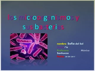 {
los microorganismos y
sus bacterias
nombre: Sofía del Sol
Curso:7ºa
Profesora: Mónica
Sanhueza
Fecha: 20/09/2017
 