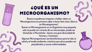 ¿Qué es un
Microorganismo?
Bueno no podemos empezar a hablar sobre un
Microorganismo sin primero saber o tener bien claro ¿Qué es
un Microorganismo?.
Bueno un Microorganismo es un Organismo muy pequeño
solo se puede ver a través de un microscopio, puede ser
Unicelular o Pluricelular , tienen una gran diversidad de
formas y funciones .
Algunos Microorganismos son beneficiosos para la vida, la
salud y el medio ambiente, mientras que otros pueden ser
perjudiciales y causar enfermedades.
 