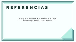 R E F E R E N C I A S
Murray, P. R., Rosenthal, K. S., & Pfaller, M. A. (2017).
Microbiología médica (7.ª ed.). Elsevier.
 