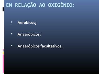EM RELAÇÃO AO OXIGÊNIO: 
 Aeróbicos; 
 Anaeróbicos; 
 Anaeróbicos facultativos. 
 