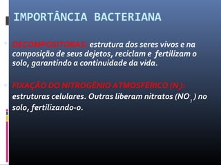 IMPORTÂNCIA BACTERIANA 
 DECOMPOSITORAS: estrutura dos seres vivos e na 
composição de seus dejetos, reciclam e fertilizam o 
solo, garantindo a continuidade da vida. 
 FIXAÇÃO DO NITROGÊNIO ATMOSFÉRICO (N2): 
estruturas celulares. Outras liberam nitratos (NO- 
3 ) no 
solo, fertilizando-o. 
 
