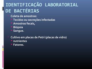 IDENTIFICAÇÃO LABORATORIAL 
DE BACTÉRIAS 
 Coleta de amostras: 
 Tecidos ou secreções infectadas 
 Amostras fecais, 
 Biópsia 
 Sangue. 
 Cultivo em placas de Petri (placas de vidro) 
 nutrientes 
 Fatores. 
 