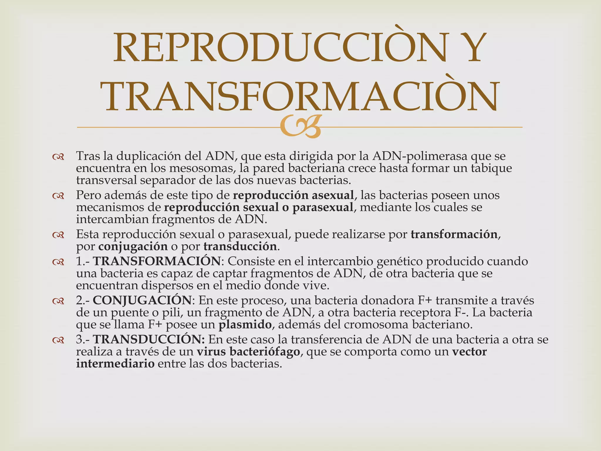 REPRODUCCIÒN Y
        TRANSFORMACIÒN
                                      
 Tras la duplicación del ADN, que esta dirigida por la ADN-polimerasa que se
  encuentra en los mesosomas, la pared bacteriana crece hasta formar un tabique
  transversal separador de las dos nuevas bacterias.
 Pero además de este tipo de reproducción asexual, las bacterias poseen unos
  mecanismos de reproducción sexual o parasexual, mediante los cuales se
  intercambian fragmentos de ADN.
 Esta reproducción sexual o parasexual, puede realizarse por transformación,
  por conjugación o por transducción.
 1.- TRANSFORMACIÓN: Consiste en el intercambio genético producido cuando
  una bacteria es capaz de captar fragmentos de ADN, de otra bacteria que se
  encuentran dispersos en el medio donde vive.
 2.- CONJUGACIÓN: En este proceso, una bacteria donadora F+ transmite a través
  de un puente o pili, un fragmento de ADN, a otra bacteria receptora F-. La bacteria
  que se llama F+ posee un plasmido, además del cromosoma bacteriano.
 3.- TRANSDUCCIÓN: En este caso la transferencia de ADN de una bacteria a otra se
  realiza a través de un virus bacteriófago, que se comporta como un vector
  intermediario entre las dos bacterias.
 