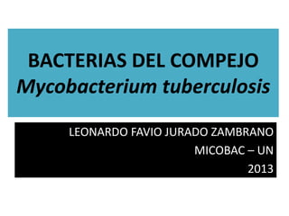BACTERIAS DEL COMPEJO
Mycobacterium tuberculosis
     LEONARDO FAVIO JURADO ZAMBRANO
                        MICOBAC – UN
                                2013
 