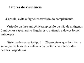 fatores de virulência
.Cápsula, evita a fagocitose:evasão do complemento.
.Variação da fase antigênica:expressão ou não de antígenos
( antígenos capsulares e flagelares) , evitando a detecção por
anticorpos.
. Sistema de secreção tipo III: 20 proteínas que facilitam a
secreção do fator de virulência da bactéria no interior das
células hospedeiras.
 