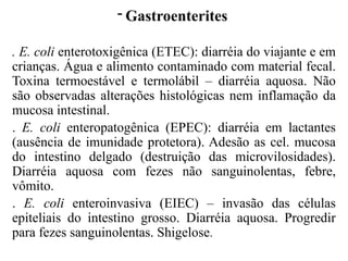 - Gastroenterites
. E. coli enterotoxigênica (ETEC): diarréia do viajante e em
crianças. Água e alimento contaminado com material fecal.
Toxina termoestável e termolábil – diarréia aquosa. Não
são observadas alterações histológicas nem inflamação da
mucosa intestinal.
. E. coli enteropatogênica (EPEC): diarréia em lactantes
(ausência de imunidade protetora). Adesão as cel. mucosa
do intestino delgado (destruição das microvilosidades).
Diarréia aquosa com fezes não sanguinolentas, febre,
vômito.
. E. coli enteroinvasiva (EIEC) – invasão das células
epiteliais do intestino grosso. Diarréia aquosa. Progredir
para fezes sanguinolentas. Shigelose.
 