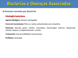 6) Doenças causadas por Bactérias
Meningite bacteriana
Meningite bacteriana
Agente Etiológico: Nisseria meningitidis
Forma de transmissão: Pelo ar e saliva contaminados com a bactéria.
Sintomas: Diarréia grave, vômito, convulsões, hemorragias internas, hipotensão
arterial, choque e, freqüentemente, a morte.
Tratamento: Uso de antibióticos intravenosos.
Profilaxia: Vacinação
Bactérias e Doenças Associadas
Bactérias e Doenças Associadas
 