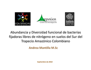 Abundancia y Diversidad funcional de bacterias 
fijadoras libres de nitrógeno en suelos del Sur del 
         Trapecio Amazónico Colombiano
             Andrea Mantilla M.Sc
             Andrea Mantilla M.Sc
             Andrea Mantilla M Sc



                   Septiembre de 2010
                   Septiembre de 2010
 