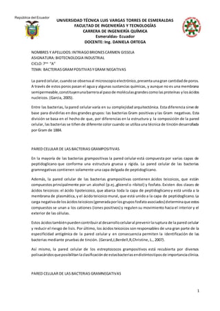 UNIVERSIDAD TÉCNICA LUIS VARGAS TORRES DE ESMERALDAS
FACULTAD DE INGENIERÍAS Y TECNOLOGÍAS
CARRERA DE INGENIERÍA QUÍMICA
Esmeraldas- Ecuador
DOCENTE: Ing. DANIELA ORTEGA
1
República del Ecuador
NOMBRES Y APELLIDOS:INTRIAGOBRIONESCARMEN GISSELA
ASIGNATURA:BIOTECNOLOGIA INDUSTRIAL
CICLO:7mo
“A”
TEMA: BACTERIASGRAMPOSITIVASYGRAM NEGATIVAS
La paredcelular,cuandose observaal microscopioelectrónico,presentaunagran cantidadde poros.
A través de estos poros pasan el agua y algunas sustancias químicas, y aunque no es una membrana
semipermeable,constituyenunabarreraal pasode moléculasgrandescomolasproteínas ylosácidos
nucleicos. (Garcia, 2005).
Entre las bacterias, la pared celular varía en su complejidad arquitectónica. Esta diferencia sirve de
base para dividirlas en dos grandes grupos: las bacterias Gram positivas y las Gram negativas. Esta
división se basa en el hecho de que, por diferencias en la estructura y la composición de la pared
celular, las bacterias se tiñen de diferente color cuando se utiliza una técnica de tinción desarrollada
por Gram de 1884.
PARED CELULAR DE LAS BACTERIAS GRAMPOSITIVAS
En la mayoría de las bacterias grampositivas la pared celular está compuesta por varias capas de
peptidoglicano que conforma una estructura gruesa y rígida. La pared celular de las bacterias
gramnegativas contienen solamente una capa delgada de peptidoglicano.
Además, la pared celular de las bacterias grampositivas contienen ácidos teicoicos, que están
compuestos principalmente por un alcohol (p.ej.,glicerol o ribitol) y fosfato. Existen dos clases de
ácidos teicoicos: el ácido lipoteicoico, que abarca toda la capa de peptidoglicanoy está unida a la
membrana de plasmática, y el ácido teicoico mural, que está unido a la capa de peptidoglicano. La
carga negativade losácidosteicoicos(generadaporlosgruposfosfatoasociados)determinaque estos
compuestos se unan a los cationes (iones positivos) y regulen su movimiento hacia el interior y el
exterior de las células.
Estos ácidostambiénpuedencontribuiral desarrollocelularal prevenirlaruptura de la pared celular
y reducir el riesgo de lisis. Por último, los ácidos teicoicos son responsables de una gran parte de la
especificidad antigénica de la pared celular y en consecuencia permiten la identificación de las
bacterias mediante pruebas de tinción. (Gerard,J,Berdell,R,Christine, L., 2007).
Así mismo, la pared celular de los estreptococos grampositivos está recubierta por diversos
polisacáridosqueposibilitanlaclasificaciónde estasbacteriasendistintostiposde importanciaclínica.
PARED CELULAR DE LAS BACTERIAS GRAMNEGATIVAS
 