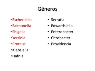 Gêneros
•Escherichia
•Salmonella
•Shigella
•Yersinia
•Proteus
•Klebsiella
•Hafnia
• Serratia
• Edwardsiella
• Enterobacter
• Citrobacter
• Providencia
 