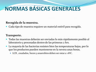 NORMAS BÁSICAS GENERALES

Recogida de la muestra.
 Cada tipo de muestra requiere un material estéril para recogida.


Transporte.
 Todas las muestras deberán ser enviadas lo más rápidamente posible al
  laboratorio y procesadas dentro de las primeras 2 hrs.
 La mayoría de las bacterias resisten bien las temperaturas bajas, por lo
  que los productos pueden mantenerse en la nevera unas horas,
    LCR , exudados, heces y anaerobios deben ser estar a >8ºC.
 