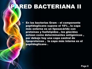 Page 8
PARED BACTERIANA II
• En las bacterias Gram – el componente
peptidoglicano supone el 10% , la capa
más externa es un liposacárido con
proteínas y fosfolípidos , los glúcidos
actúan como determinantes antigénicos ,
por debajo hay una capa central de
lipoproteínas , la capa más interna es el
peptidoglicano .
 