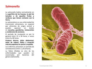 Salmonella
La salmonella habita normalmente en
la superficie de los huevos, la piel de
tomates y de aquellos frutos y
verduras que tienen contacto con la
tierra.
La salmonelosis es una enfermedad de
transmisión alimentaria, en especial
por alimentos de origen animal y
pueden       aparecer     en     brotes
en escuelas, guarderías, restaurantes
y residencias de ancianos.
El período de incubación es por lo
general entre 12 a 36 horas, a veces
entre 6 y 48 horas.
Produce diarrea, dolor abdominal,
dolor de cabeza, fiebre y erupción
máculo-papulosa en pecho y espalda.
Los enfermos presentan un período de
convalecencia entre 1 y 8 semanas.
La fiebre tifoidea es otra de las
enfermedades que pueden ser
ocasionadas     por    bacterias    del
género Salmonella.



                                          Funemprender 2012   6
 