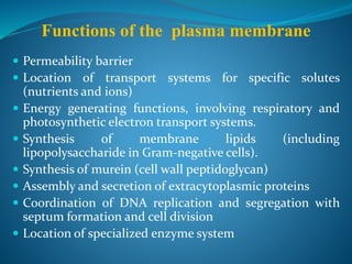 Functions of the plasma membrane
 Permeability barrier
 Location of transport systems for specific solutes
(nutrients and ions)
 Energy generating functions, involving respiratory and
photosynthetic electron transport systems.
 Synthesis of membrane lipids (including
lipopolysaccharide in Gram-negative cells).
 Synthesis of murein (cell wall peptidoglycan)
 Assembly and secretion of extracytoplasmic proteins
 Coordination of DNA replication and segregation with
septum formation and cell division
 Location of specialized enzyme system
 