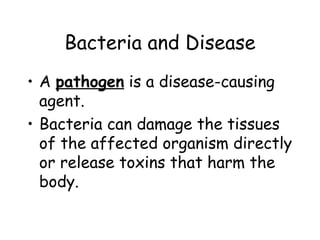 Bacteria and Disease
• A pathogen is a disease-causing
  agent.
• Bacteria can damage the tissues
  of the affected organism directly
  or release toxins that harm the
  body.
 