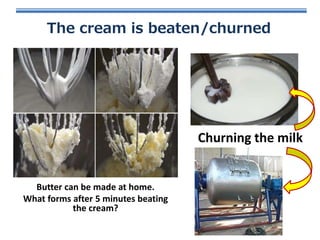 The cream is beaten/churned

Churning the milk

Butter can be made at home.
What forms after 5 minutes beating
the cream?

 
