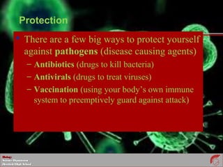 BiologyBiology
ScienceDepartmentScienceDepartment
DeerfieldHighSchoolDeerfieldHighSchool
Protection
 There are a few big ways to protect yourself
against pathogens (disease causing agents)
– Antibiotics (drugs to kill bacteria)
– Antivirals (drugs to treat viruses)
– Vaccination (using your body’s own immune
system to preemptively guard against attack)
 
