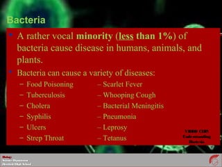 BiologyBiology
ScienceDepartmentScienceDepartment
DeerfieldHighSchoolDeerfieldHighSchool
Bacteria
 A rather vocal minority (less than 1%) of
bacteria cause disease in humans, animals, and
plants.
 Bacteria can cause a variety of diseases:
– Food Poisoning – Scarlet Fever
– Tuberculosis – Whooping Cough
– Cholera – Bacterial Meningitis
– Syphilis – Pneumonia
– Ulcers – Leprosy
– Strep Throat – Tetanus
VIDEO CLIP:
Understanding
Bacteria
 