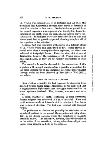 262                      S. W. SIMMONS

Cl. Welchii was exposed to 5 cc. of material, and 0.1 cc. of this
inoculated into Robertson's chopped-meat media at intervals of
from five minutes to four hours. No indication of growth from
the treated organisms was apparent after twenty-four hours' in-
cubation of the broth, while the saline checks showed heavy con-
tamination. Subcultures were then made into litmus milk and
reincubated, but no growth appeared, showing complete kill of
the organism in five minutes.
   A similar test was conducted with spores of a different strain
of Cl. Welchii which had been dried in dirt. Some growth oc-
curred even after a twenty-four-hour exposure, but death was
indicated at forty-eight hours. From the viewpoint of wound




                                                                     Downloaded from jb.asm.org by on May 28, 2007
disinfection, however, the resistance of Cl. Welchii spores is of
little significance, as they are not usually encountered in such
lesions.
   The remarkable results obtained in the destruction of this
organism with maggot excreta offers a possible explanation for
the rapid clearing up of gas gangrene infections under maggot
therapy, which has been observed by Baer (1931), Weil (1933),
and others.
                 TESTS ON PROTEUS VULGARIS
   Since Proteus is usually the last organism to disappear from
infected wounds under maggot treatment, it was suspected that
it might possess a higher resistance to maggot excretions than the
other organisms involved. This, however, was found not to be
true.
   A small quantity of broth, containing at least 50,000,000
Proteus vulgaris, was subjected to 5 cc. of material. Plate and
broth cultures made at intervals of five minutes to four hours
always showed sterility. The test was repeated with identical
results.
   The persistence of Proteus can probably be attributed to its
superficial position in the wound, the organism not being abun-
dant in the deeper cavities, where the excretions of maggots
naturally collect. The tests show, however, that when subjected
to the action of the excretions, this organism shows slight resis-
tance, being killed in as little as five minutes.
 