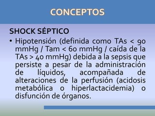 SHOCK SÉPTICO
• Hipotensión (definida como TAs < 90
  mmHg / Tam < 60 mmHg / caída de la
  TAs > 40 mmHg) debida a la sepsis que
  persiste a pesar de la administración
  de     líquidos,   acompañada      de
  alteraciones de la perfusión (acidosis
  metabólica o hiperlactacidemia) o
  disfunción de órganos.
 