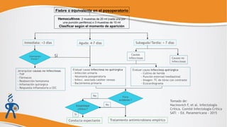 Fiebre o equivalente en el posoperatorio
Hemocultivos: 2 muestras de 20 ml (cada una por
una punción periférica) o 3 muestras de 10 ml
Clasificar según el momento de aparición
Inmediata: <3 días Aguda: 4-7 días Subaguda/Tardía: > 7 días
Internación
Previa ?
Sí
Jerarquizar causas no infecciosas
- TVP
- Fármacos
- Reabsorción hematoma
- Inflamación quirúrgica
- Respuesta inflamatoria a CEC
Evaluar causa infecciosa no quirúrgica
- Infección urinaria
- Neumonía posoperatoria
- Infecc. asociada catéter venoso
- Bacteriemia primaria
Causas no
infecciosas
Causas
infecciosas
Evaluar causa infecciosa quirúrgica
- Cultivo de herida
- Punción esternal/mediastinal
- Imagen: TC de tórax con contraste
- Ecocardiograma
Foco
evidente ?
Estabilidad
clínica ?
No
No
Tratamiento antimicrobiano empírico
Si
Conducta expectante
Tomado de:
Nacinovich F, et al. Infectología
Crítica. Comité Infectología Crítica
SATI - Ed. Panamericana - 2015
 