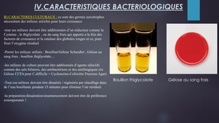B) CARACTERES CULTURAUX : ce sont des germes auxotrophes
nécessitant des milieux enrichis pour leurs croissance
-tout ses milieux doivent être additionnées d’un réducteur comme la
Cysteine , le thiglycolate , ou du sang frais qui apporte a la fois des
facteurs de croissance et la catalase des globules rouges et ce, pour
fixer l’oxygène résiduel
-Parmi les milieux utilisés : Bouillon/Gélose Schaedler , Gélose au
sang frais , bouillon thiglycolate…
-les milieux de culture peuvent être additionnés d’agents sélectifs
comme des sels biliaires, des antibactériens et des antifongiques (ex
Gélose CCFA pour C.difficile = Cycloserine-Cefoxitin Fructose Agar)
-Tout ces milieux doivent être désaérés / régénérés par chauffage dans
de l’eau bouillante pendant 15 minutes pour éliminer l’air résiduel.
-la préparation/désaération/ensemencement doivent être de préférence
extemporanés !
IV.CARACTERISTIQUES BACTERIOLOGIQUES
Bouillon thiglycolate Gélose au sang frais
 