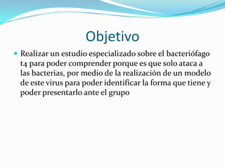 Objetivo
 Realizar un estudio especializado sobre el bacteriófago
 t4 para poder comprender porque es que solo ataca a
 las bacterias, por medio de la realización de un modelo
 de este virus para poder identificar la forma que tiene y
 poder presentarlo ante el grupo
 