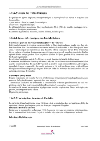 Les rickettsia et bactéries voisines
116/122 Bactériologie - Service de Bactériologie 2002 - 2003
13.4.2.3 Groupe des typhus tropicaux
Le groupe des typhus tropicaux est représenté par la fièvre fluviale du Japon et le typhus des
broussailles.
Agent vecteur : larve hexapode de moustiques.
Réservoirs : rongeurs sauvages.
Le tableau infectieux associe une fièvre oscillant entre 38 et 40ºC, des troubles cardiaques (myo-
cardite) et des signes pulmonaires.
Exanthème ± généralisé, maculeux, escarre noirâtre, maladie grave.
13.4.2.4 Autres infections proches des rickettsioses
Fièvre des 5 jours ou fièvre des tranchées (Fièvre de Volkynee)
Individualisée durant la première guerre mondiale, la fièvre des tranchées a touché près d'un mil-
lion de soldats. Elle s'est ausi manifestée sur une moindre échelle durant la deuxième guerre mon-
diale. Transmise par les déjections du pou du corps, elle se caractérise par un début brutal avec
fièvre, malaise, céphalées, douleurs osseuses et fréquemment un rash maculaire transitoire. Parfois
épisode fébrile unique, parfois fièvre en plateau pendant 5-7 jours, parfois fièvre récurrente tous
les 5 jours (Quintana).
La période d'incubation irait de 5 à 20 jours et serait fonction de la taille de l'inoculum.
Récemment, aussi bien en France qu'aux Etats-Unis, des cas de fièvre des tranchées viennent d'être
décrits, notamment chez des sujets HIV positifs et d'autres sujets immunodéprimés, alcooliques,
sans-abris. L'agent responsable, Bartonella quintana, a été isolé par hémoculture et identifié par
biologie moléculaire (séquençage du gène de l'ARN 16S). Il a provoqué des endocardites chez un
certain pourcentage de malades.
Fièvre Q ou Query Fever
L'agent responsable est Coxiella burneti. L'infection est principalement bronchopulmonaire, sans
éruption. Infection fréquente, répandue dans tous les pays.
Transmission facultative par arthropode, la contamination se faisant principalement par voie res-
piratoire à partir d'un réservoir animal (bovidés, moutons) : population rurale exposée.
Incubation (10 jours), pneumopathie atypique avec troubles respiratoires, fièvre, arthralgies, cé-
phalées, faisant penser à une virose.
Diagnostic sérologique.
13.4.2.5 Les infections humaines à Ehrlichia
La particularité des bactéries du genre Ehrlichia est de se multiplier dans les leucocytes. Celle du
syndrome clinique qu'elles provoquent est de ne pas comporter d'éruption.
Infection à Ehrlichia sennetsu
Isolée pour la première fois au Japon en 1954, E.sennetsu provoque un syndrome infectieux simu-
lant la mononucléose infectieuse. Depuis la maladie a été observée au Japon et en Malaisie.
Infection à Ehrlichia canis
 
